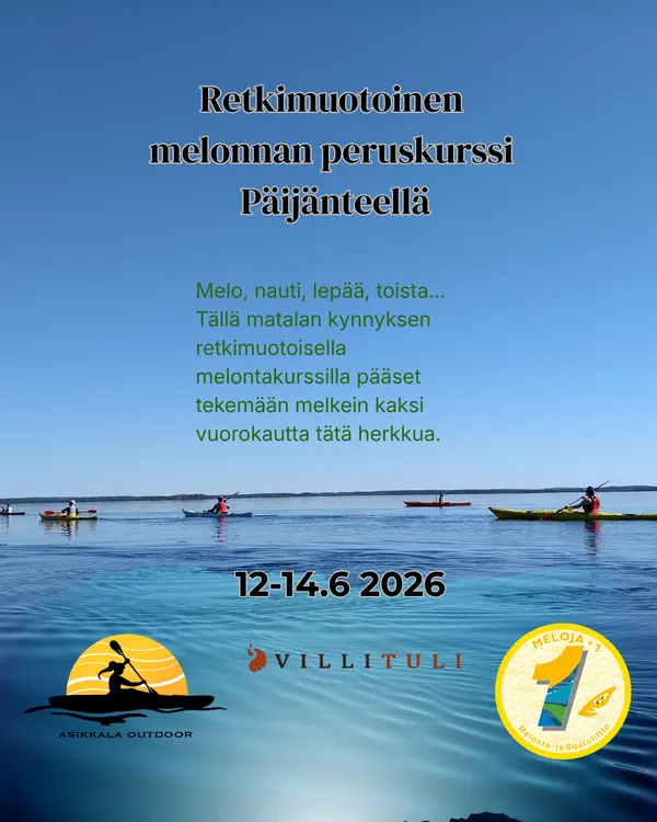 Mainoskuva retki muotoisesta melonnan peruskurssista Päijänteellä | AsikkalaOutdoor